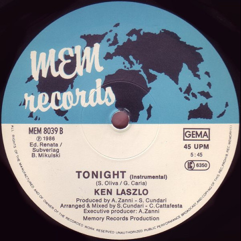 Ken Laszlo - Tonight (Remix) (1986) [12"]