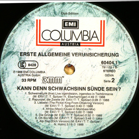 EAV (Erste Allgemeine Verunsicherung) - Kann Denn Schwachsinn Sünde Sein...? (1989) [2LP]