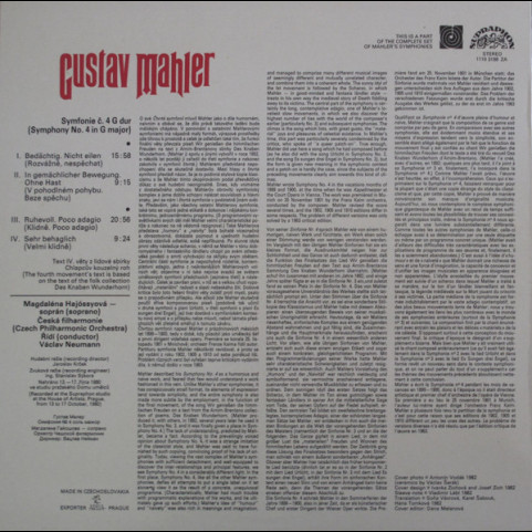 Gustav Mahler - Magdaléna Hajóssyová, Czech Philharmonic Orchestra, The / Václav Neumann - Symphony No˚ 4 (1983) [1LP]
