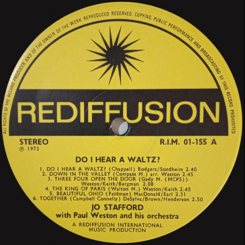 Jo Stafford With Paul Weston And His Orchestra - Do I Hear A Waltz? (1973) [1LP]