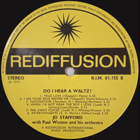Jo Stafford With Paul Weston And His Orchestra - Do I Hear A Waltz? (1973) [1LP]