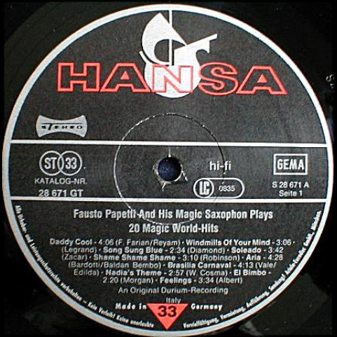 Fausto Papetti - Fausto Papetti And His Magic Saxophone Play 20 Magic World-Hits (1977) [1LP]