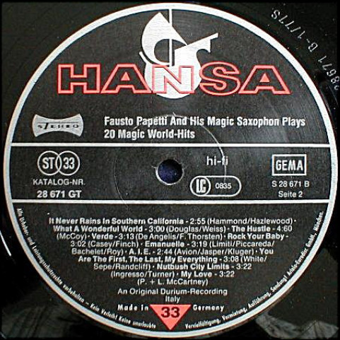 Fausto Papetti - Fausto Papetti And His Magic Saxophone Play 20 Magic World-Hits (1977) [1LP]
