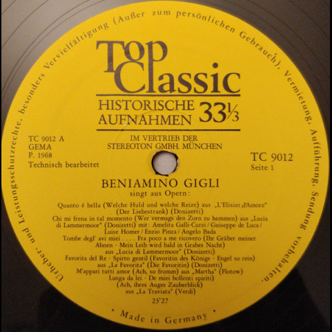 Beniamino Gigli - Beniamino Gigli Singt Opernarien (1968) [1LP]