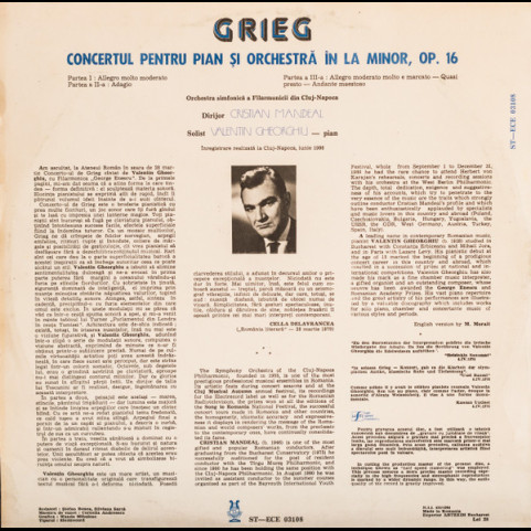 Edvard Grieg - Orchestra Simfonică A Filarmonicii Din Cluj-Napoca Conducted by Cristian Mandeal Piano Valentin Gheorghiu - Concerto For Piano And Orchestra In A Minor, Op. 16 = Concertul Pentru Pian Și Orchestră În La Minor, Op. 16 (1987) [1LP]