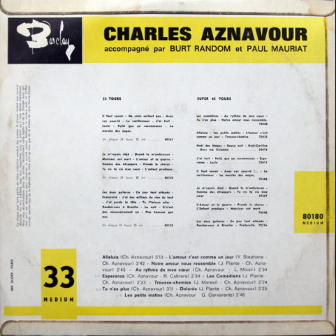 Charles Aznavour Accompagné Par Burt Random Et Paul Mauriat - Les Comédiens (1962) [10"]