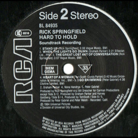 Rick Springfield - Hard To Hold - Soundtrack Recording (1984) [1LP]