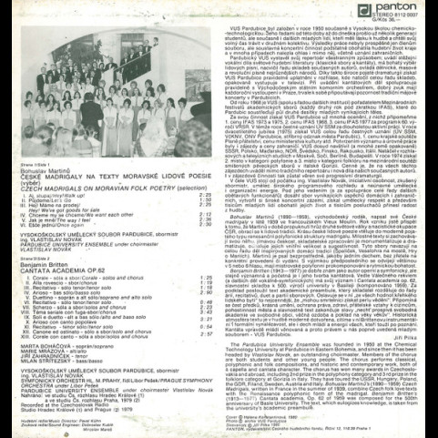 Bohuslav Martinů / Benjamin Britten - Vysokoškolský Umělecký Soubor Pardubice Choirmaster Vlastislav Novák / Prague Symphony Orchestra, The Conductor Libor Pešek - České Madrigaly = Czech Madrigals / Cantata Academica (1981) [1LP]