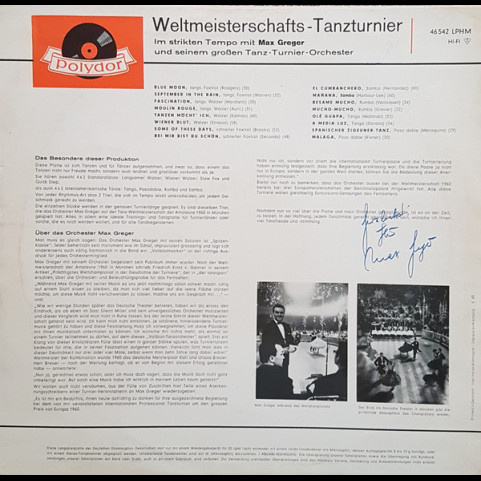 Max Greger Und Sein Orchester - Weltmeisterschafts-Tanzturnier Im Strikten Tempo Mit Max Greger Und Seinem Großen Tanz-Turnier-Orchester (1963) [1LP]