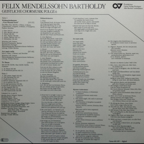 Felix Mendelssohn-Bartholdy - Krisztina Laki, Berthold Possemeyer, Kammerchor Stuttgart, Württembergisches Kammerorchester, Frieder Bernius - Weihnachtskantate Felix Mendelssohn-Bartholdy - Krisztina Laki, Berthold Possemeyer, Kammerchor Stuttgart, Württembergisches Kammerorchester, Frieder Bernius - Weihnachtskantate