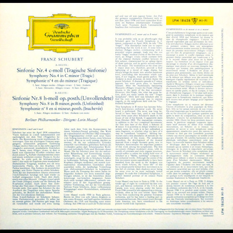 Franz Schubert, Berliner Philharmoniker ∙ Lorin Maazel - Sinfonien Nr. 4 C-moll (Tragische) ∙ Nr. 8 H-moll (Unvollendete) (1961) [1LP]