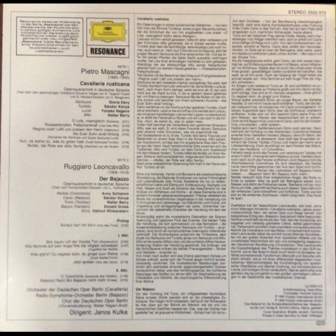 Ruggiero Leoncavallo / Pietro Mascagni, Gloria Davy · Anny Schlemm · Sándor Kónya, Walter Berry · Donald Grobe · Janos Kulka - Der Bajazzo / Cavalleria Rusticana [1LP]