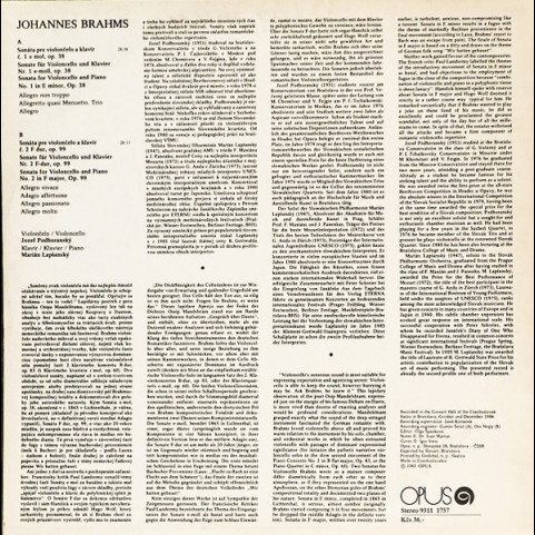 Johannes Brahms - Jozef Podhoranský, Marián Lapšanský - Violoncello Sonatas (1987) [1LP]